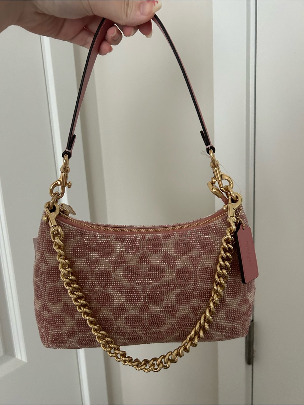 coach pink beaded satin teri shoulder bag in signature